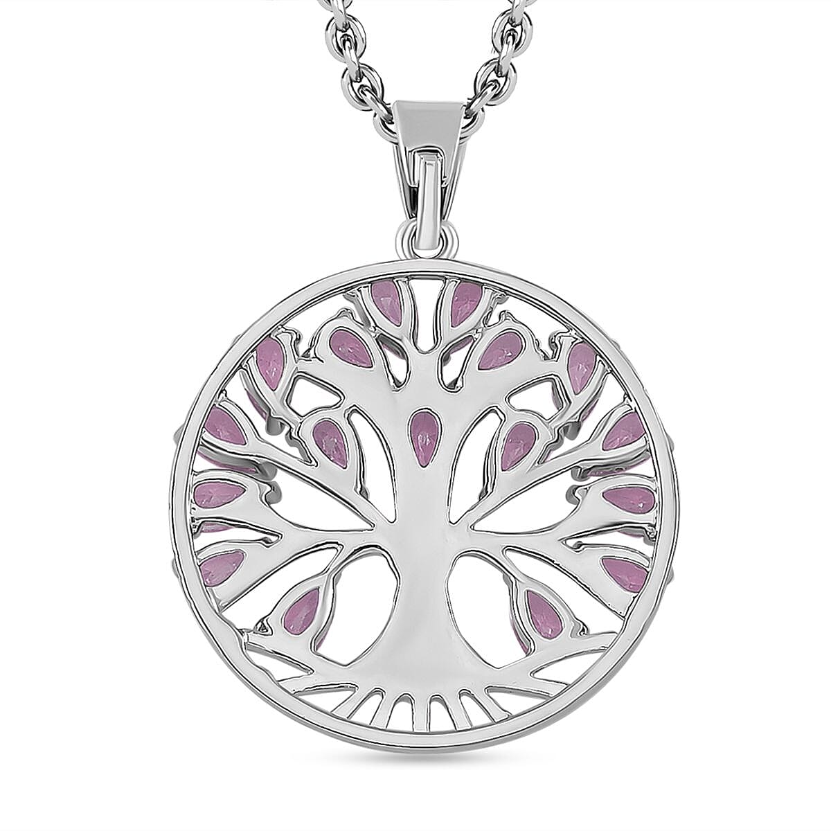 Pink Cubic Zirconia Tree of Life Necklace (Size - 20) in Silver Tone 6.00 Ct.