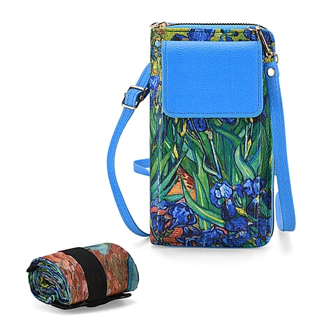 2-in-1 Flower & Grass Print RFID Crossbody Wallet & Foldable Bag - Blue