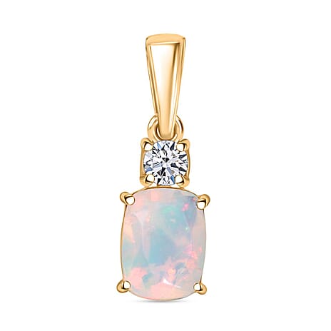 AAA Ethiopian Opal & Lab Grown Diamond Pendant in Yellow Gold  Sterling Silver 1.00 Ct.