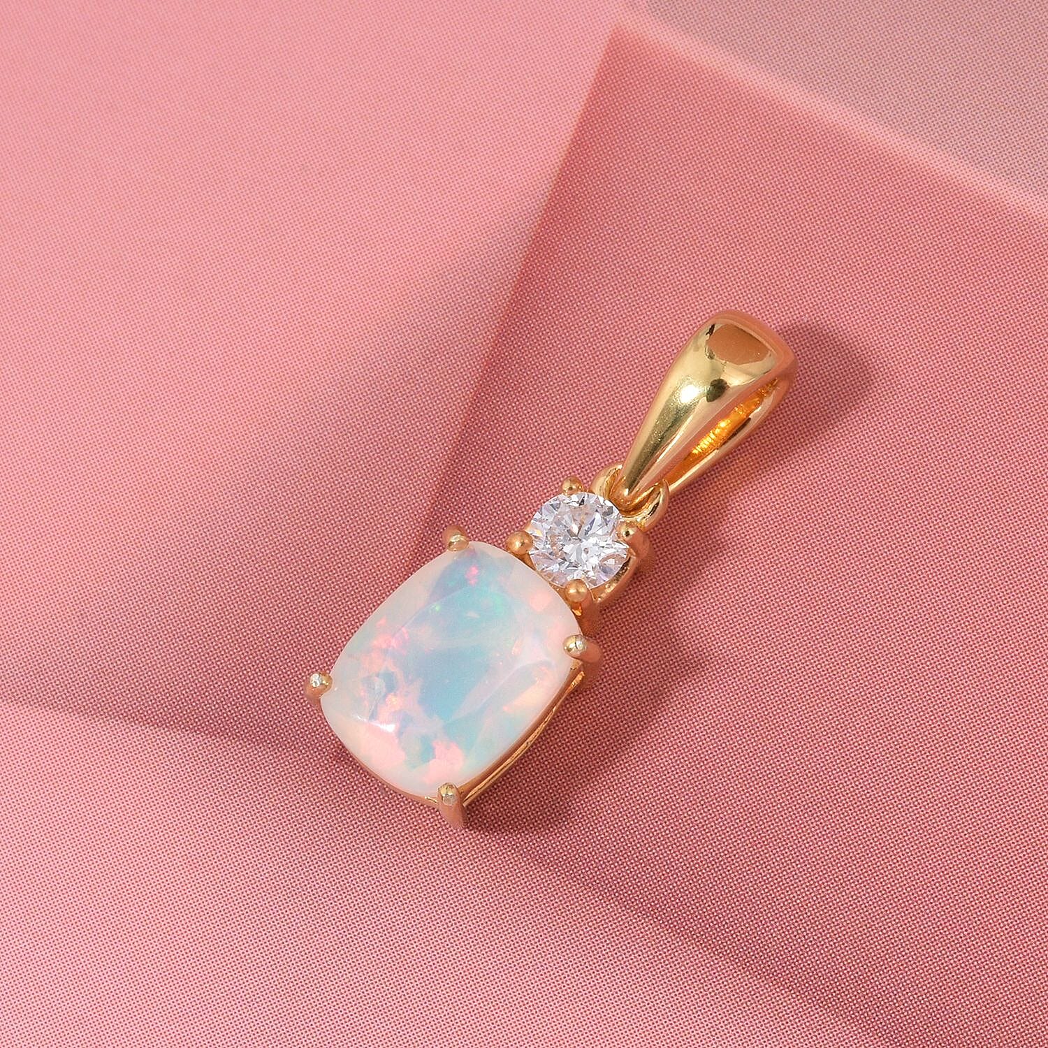AAA Ethiopian Opal & Lab Grown Diamond Pendant in Yellow Gold  Sterling Silver 1.00 Ct.