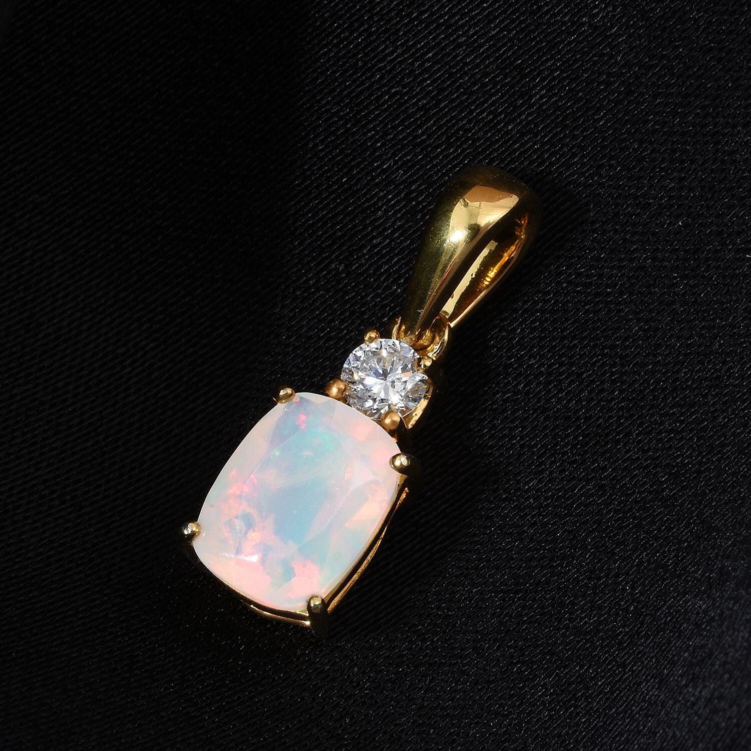 AAA Ethiopian Opal & Lab Grown Diamond Pendant in Yellow Gold  Sterling Silver 1.00 Ct.