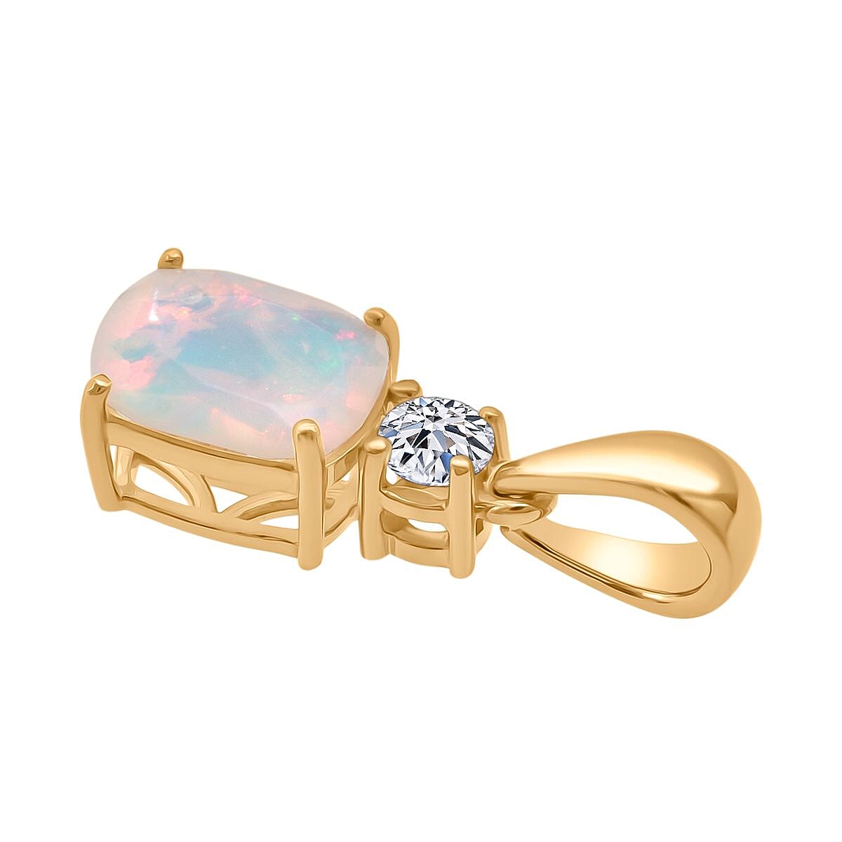 AAA Ethiopian Opal & Lab Grown Diamond Pendant in Yellow Gold  Sterling Silver 1.00 Ct.