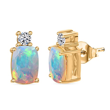 AAA Ethiopian Opal & Lab Grown Diamond Earring  in Yellow Gold  Sterling Silver 1.33 Ct.