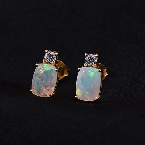 AAA Ethiopian Opal & Lab Grown Diamond Earring  in Yellow Gold  Sterling Silver 1.33 Ct.