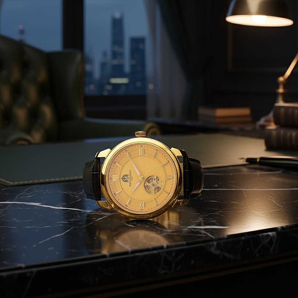 WILLIAM HUNT Limited Edition Heritage Automatic Watch with Adjustable Black Leather Strap - 5ATM Water Resistancy & Sapphire Crystal Glass - Gold