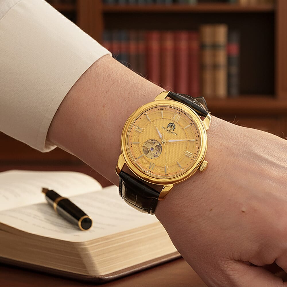 WILLIAM HUNT Limited Edition Heritage Automatic Watch with Adjustable Black Leather Strap - 5ATM Water Resistancy & Sapphire Crystal Glass - Gold