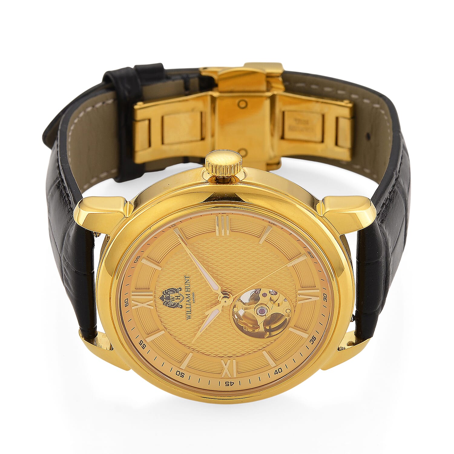 WILLIAM HUNT Limited Edition Heritage Automatic Watch with Adjustable Black Leather Strap - 5ATM Water Resistancy & Sapphire Crystal Glass - Gold