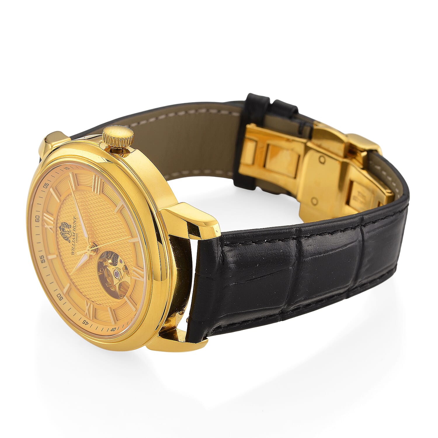 WILLIAM HUNT Limited Edition Heritage Automatic Watch with Adjustable Black Leather Strap - 5ATM Water Resistancy & Sapphire Crystal Glass - Gold