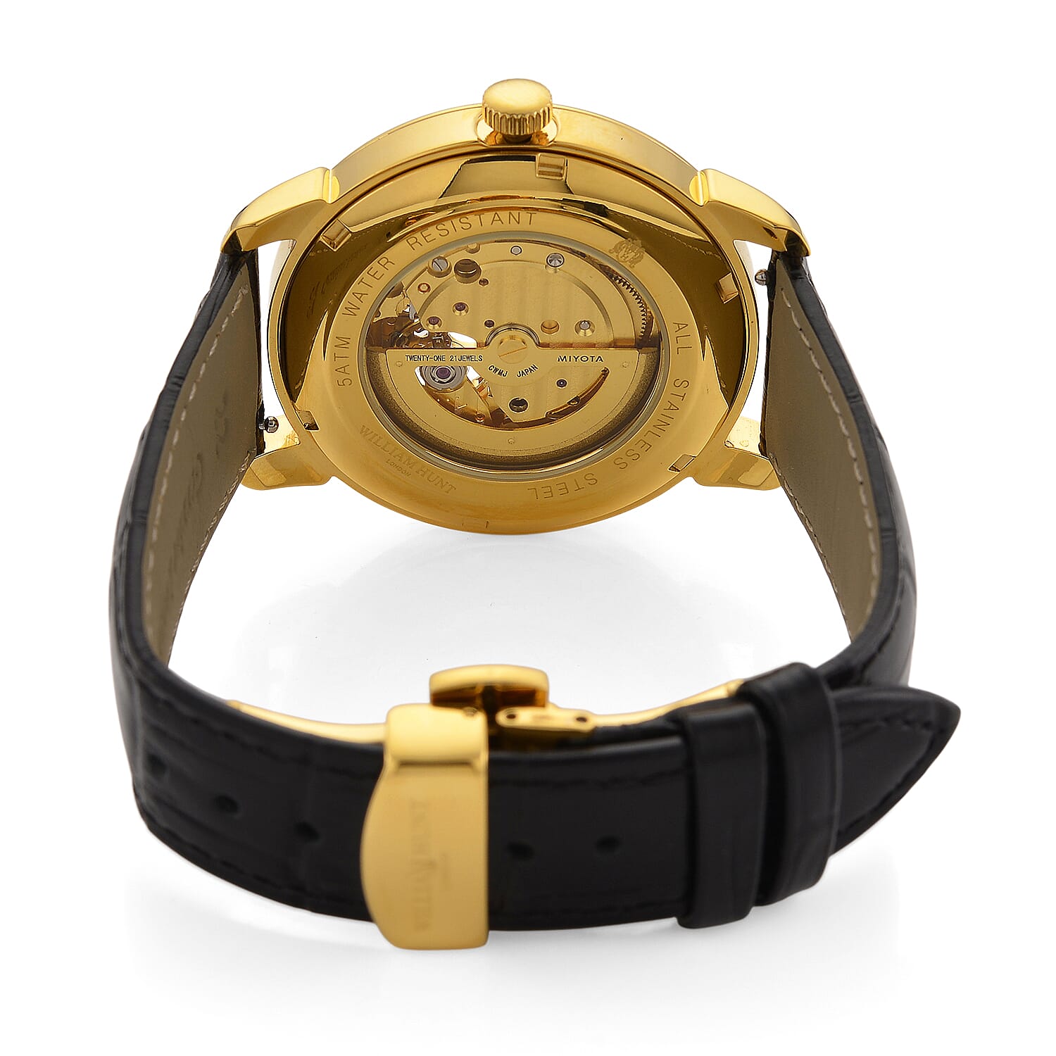 WILLIAM HUNT Limited Edition Heritage Automatic Watch with Adjustable Black Leather Strap - 5ATM Water Resistancy & Sapphire Crystal Glass - Gold