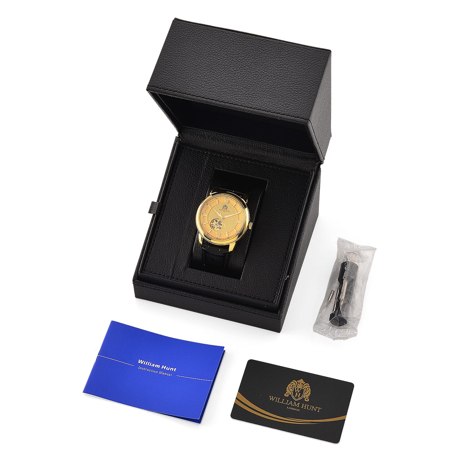 WILLIAM HUNT Limited Edition Heritage Automatic Watch with Adjustable Black Leather Strap - 5ATM Water Resistancy & Sapphire Crystal Glass - Gold