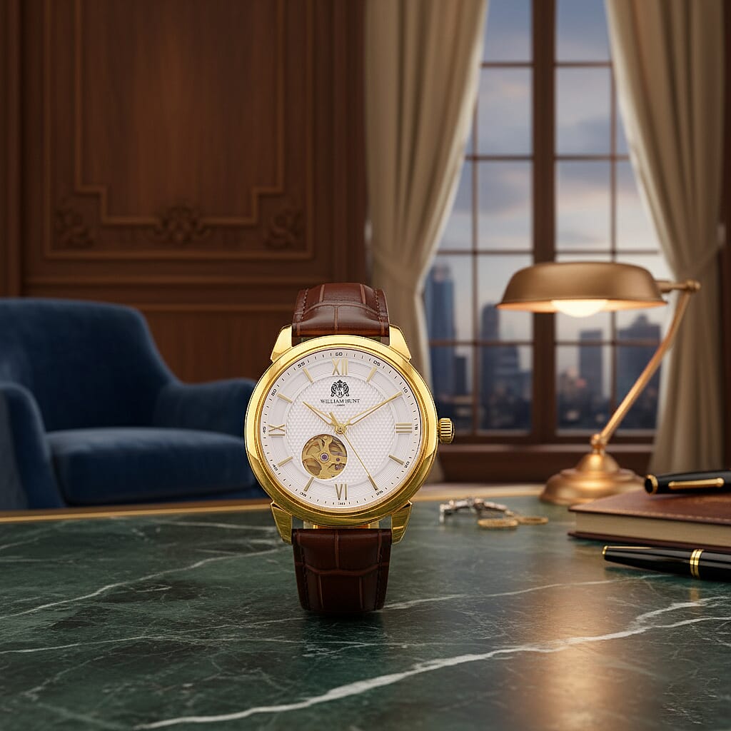 WILLIAM HUNT Limited Edition Heritage Automatic Watch with Adjustable Black Leather Strap - 5ATM Water Resistancy & Sapphire Crystal Glass - White