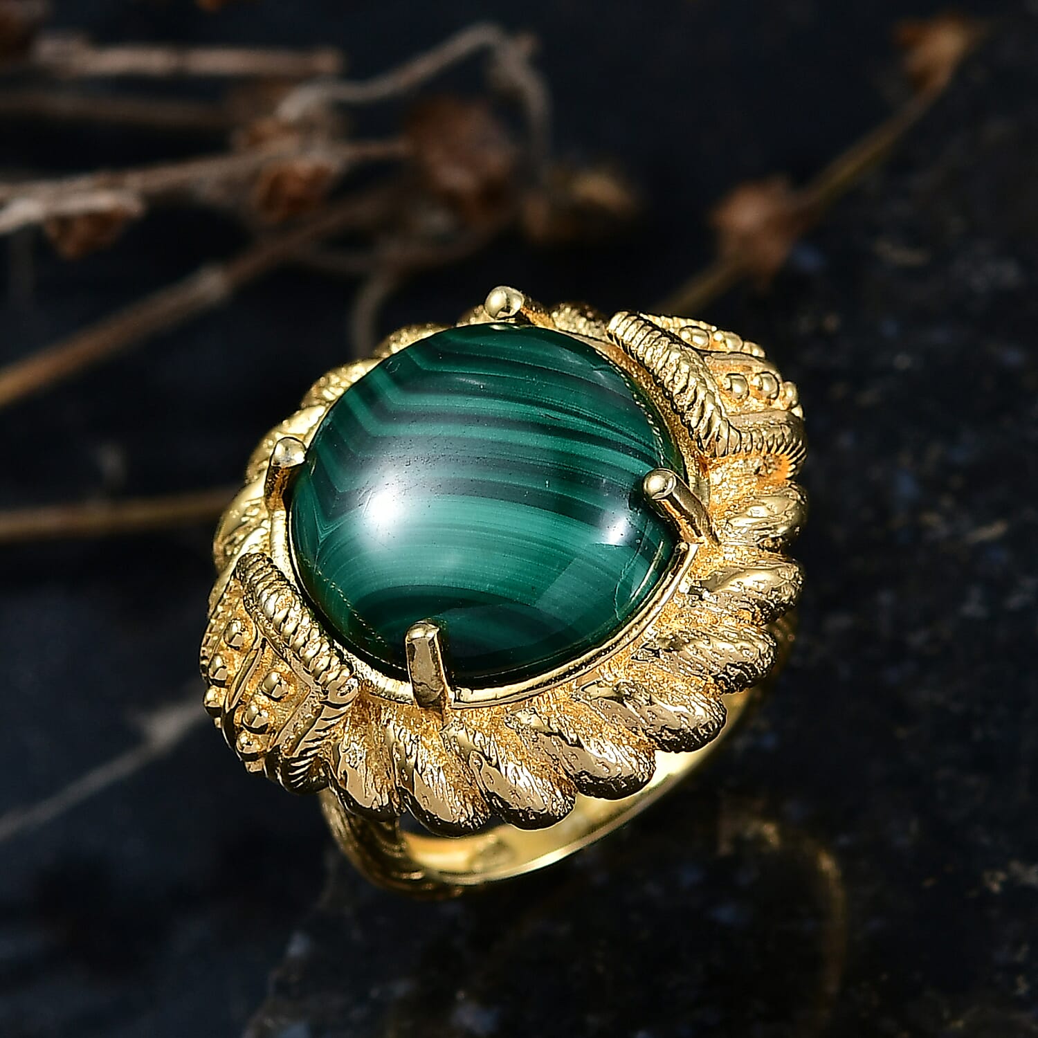 EverTrue Malachite Solitaire Ring in Yellow Gold Tone 16.69 Ct.