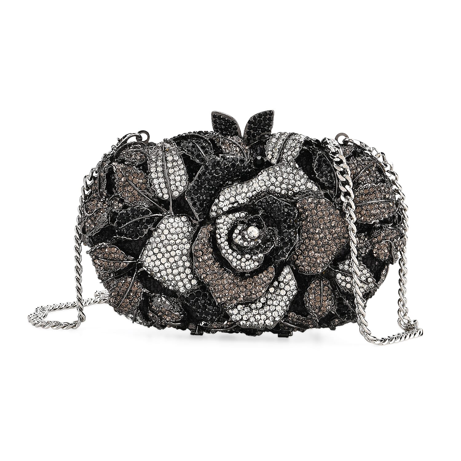 CLOSE OUT DEAL - Crystellia Rose Pattern Premium Austrian Crystal Clutch Bag - Silver & Black