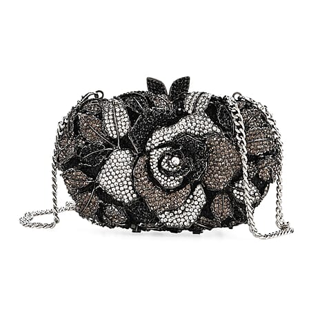CLOSE OUT DEAL - Crystellia Rose Pattern Premium Austrian Crystal Clutch Bag - Silver & Black