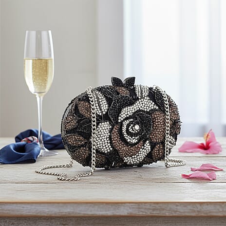 Crystellia Rose Pattern Premium Austrian Crystal Clutch Bag - Silver - Black
