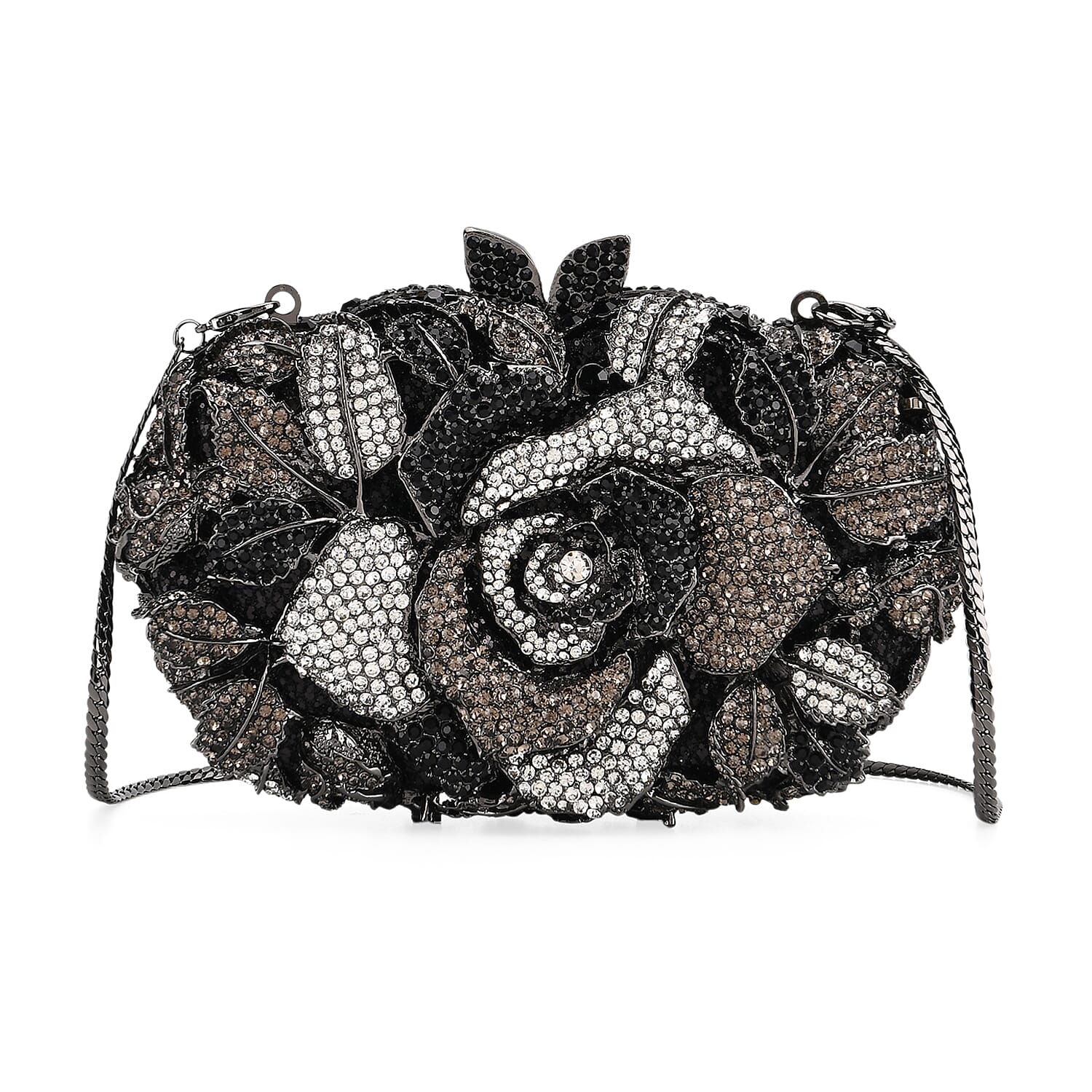 CLOSE OUT DEAL - Crystellia Rose Pattern Premium Austrian Crystal Clutch Bag - Silver & Black