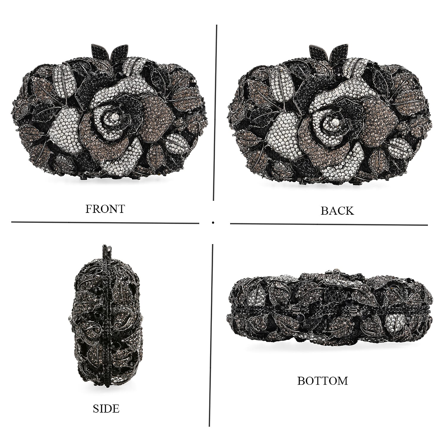 CLOSE OUT DEAL - Crystellia Rose Pattern Premium Austrian Crystal Clutch Bag - Silver & Black