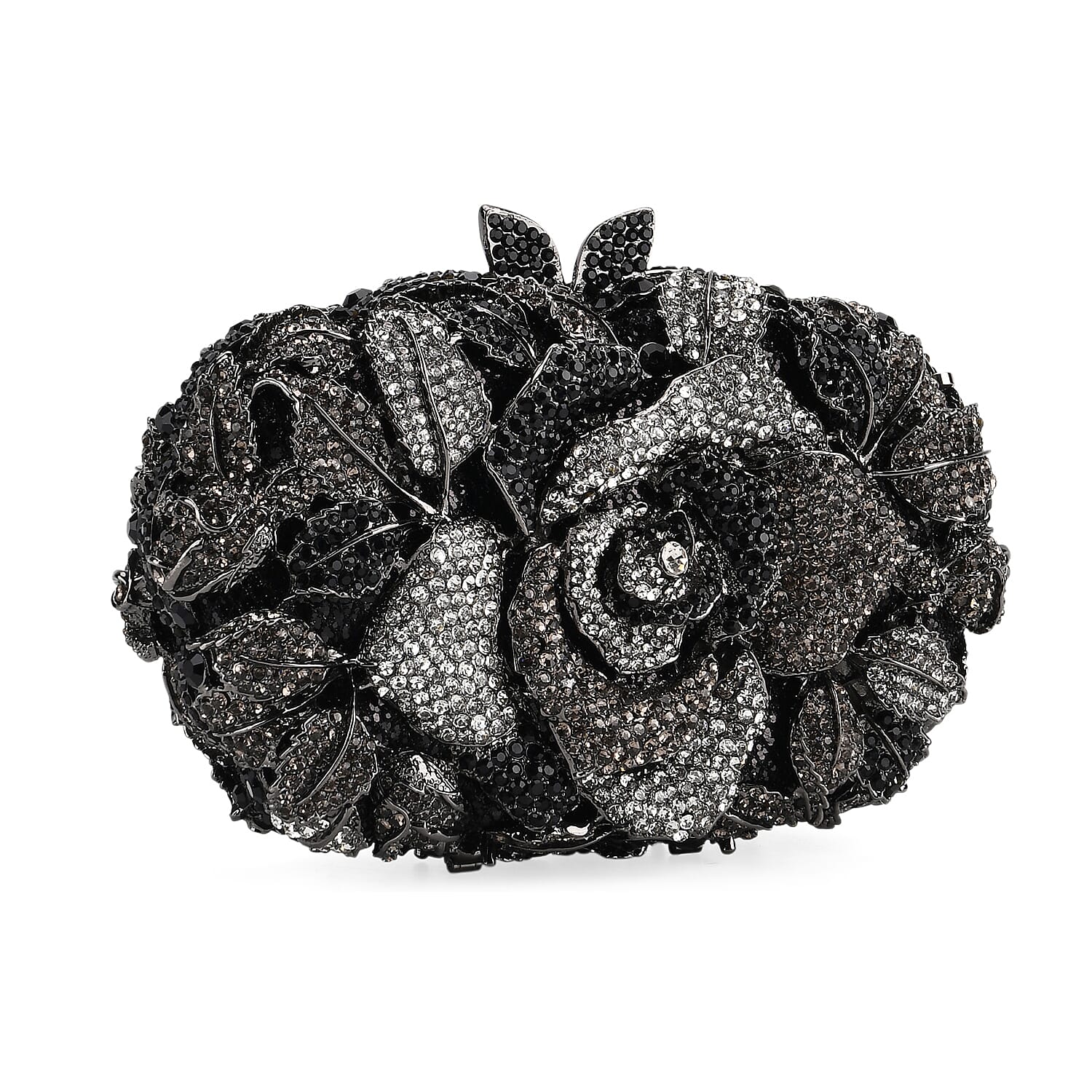 CLOSE OUT DEAL - Crystellia Rose Pattern Premium Austrian Crystal Clutch Bag - Silver & Black