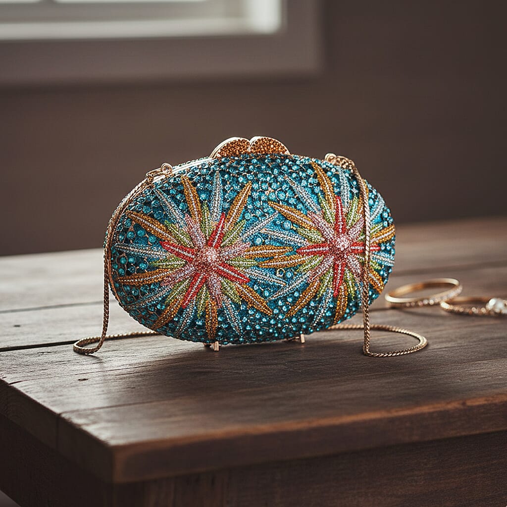 CLOSE OUT DEAL - Crystellia North Star Pattern Premium Austrian Crystal Clutch Bag - Blue & Multicolour
