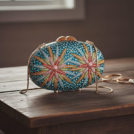 CLOSE OUT DEAL - Crystellia North Star Pattern Premium Austrian Crystal Clutch Bag - Blue & Multicolour