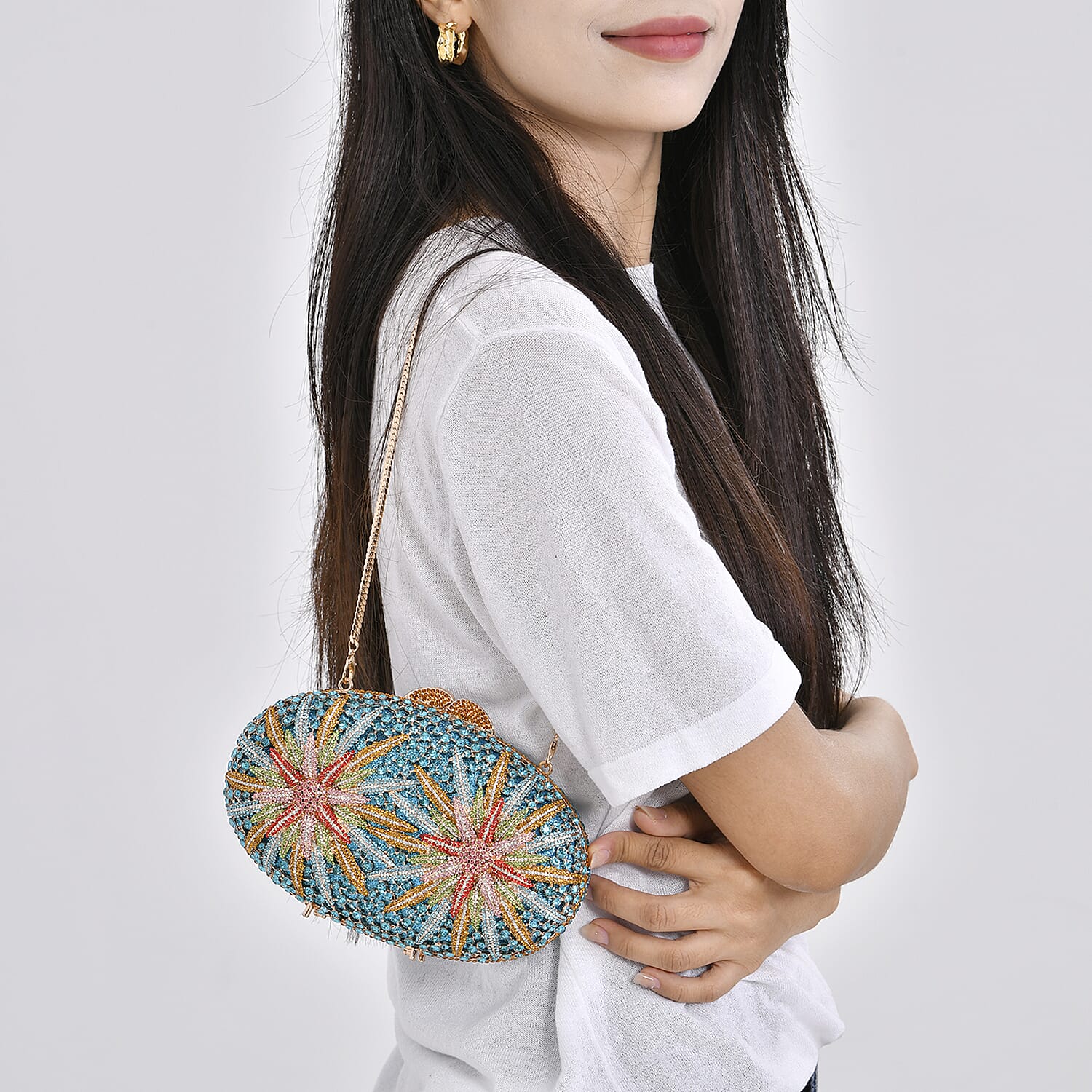 CLOSE OUT DEAL - Crystellia North Star Pattern Premium Austrian Crystal Clutch Bag - Blue & Multicolour