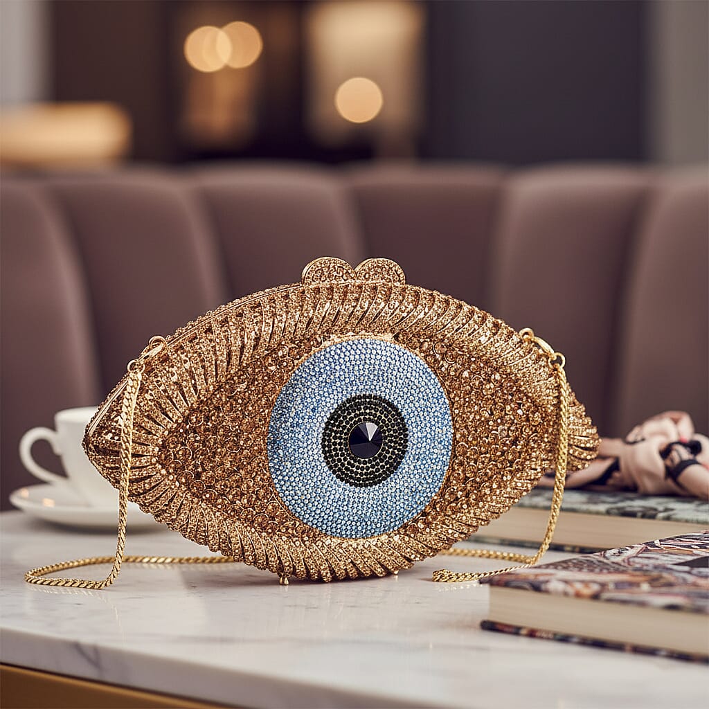 CLOSE OUT DEAL - Crystellia Eye Pattern Premium Austrian Crystal Clutch Bag - Blue & Gold