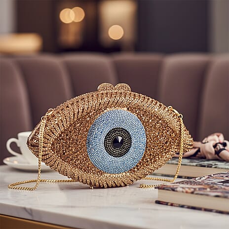 Crystellia Eye Pattern Premium Austrian Crystal Clutch Bag - Blue - Gold