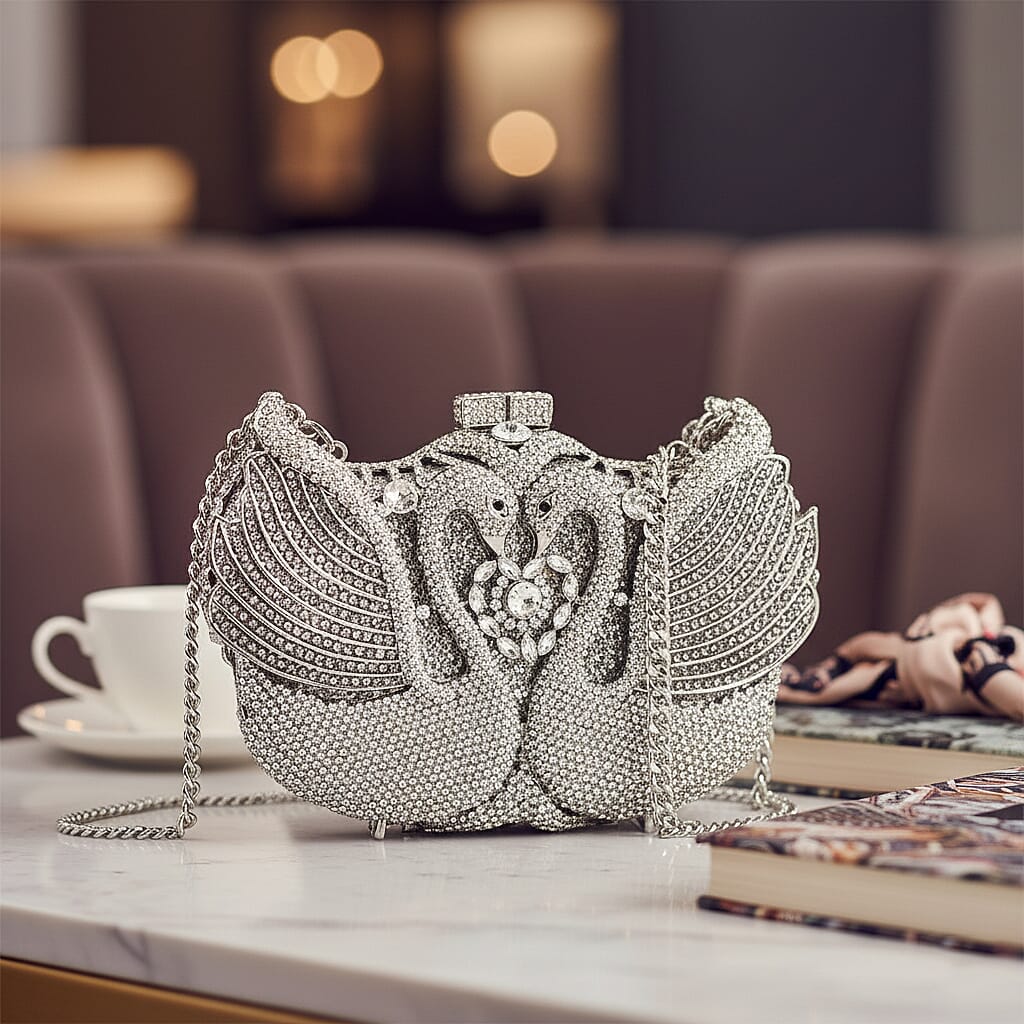 CLOSE OUT DEAL - Crystellia Swan Pattern Premium Austrian Crystal Clutch Bag - Silver