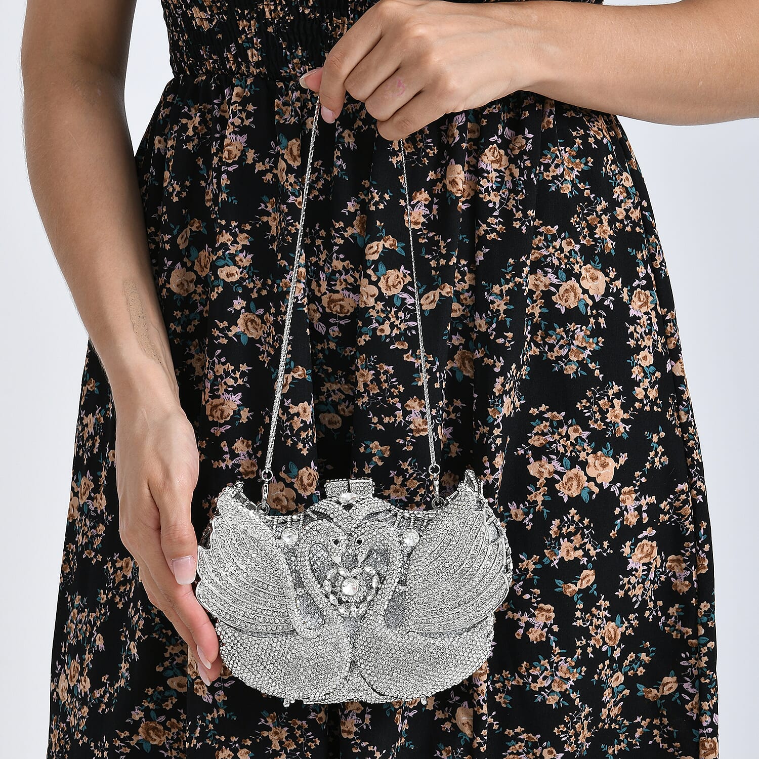 CLOSE OUT DEAL - Crystellia Swan Pattern Premium Austrian Crystal Clutch Bag - Silver