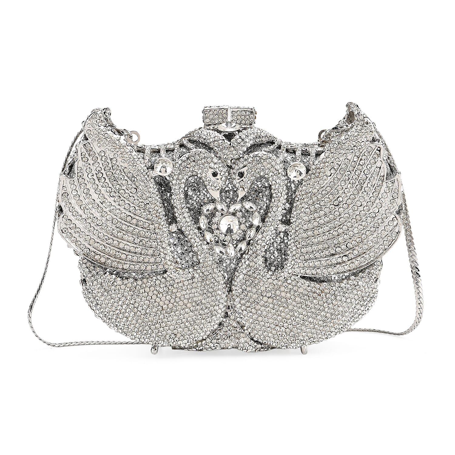CLOSE OUT DEAL - Crystellia Swan Pattern Premium Austrian Crystal Clutch Bag - Silver