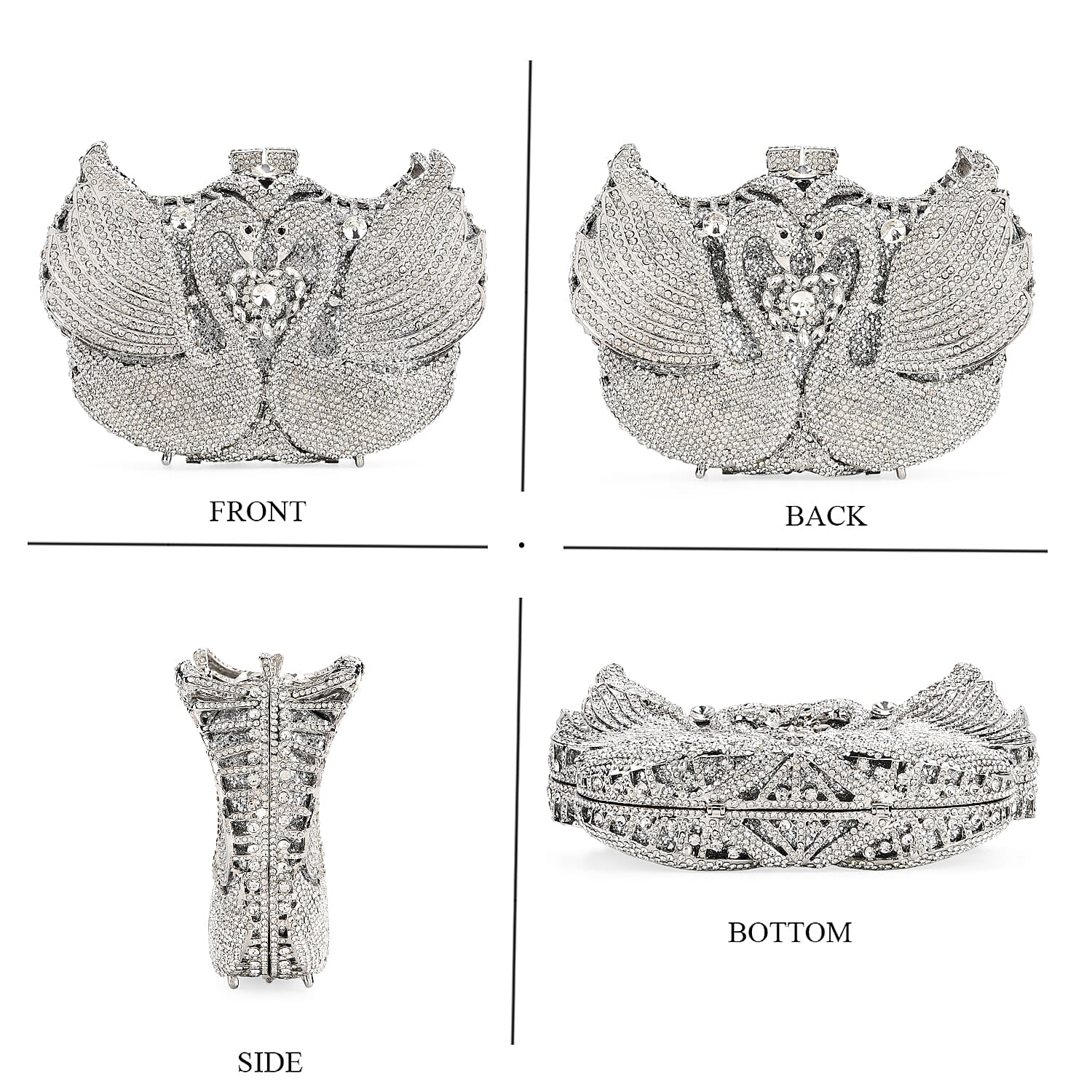 CLOSE OUT DEAL - Crystellia Swan Pattern Premium Austrian Crystal Clutch Bag - Silver