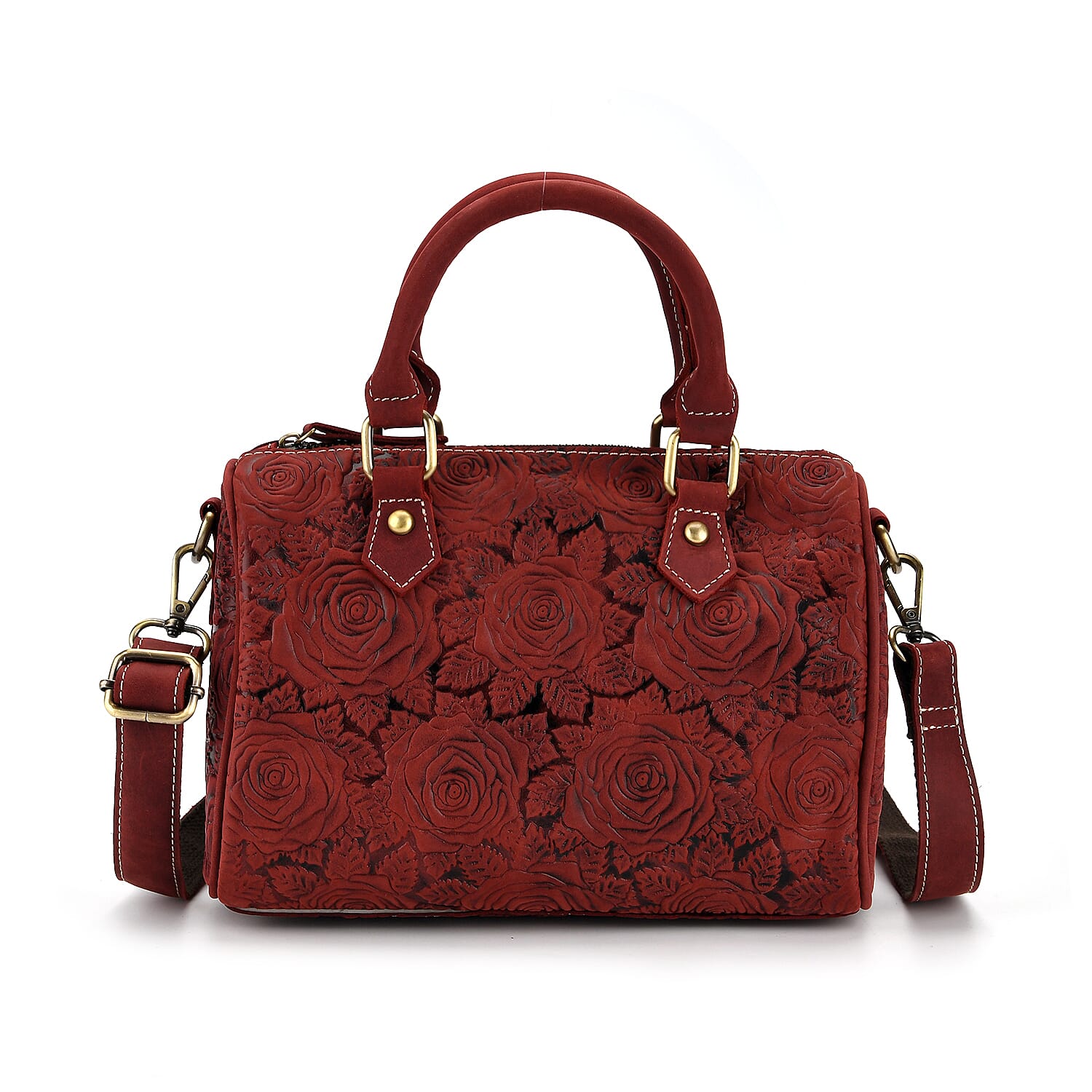 Valissiere Brocade with Genuine Leather Satchel Handbag with Shoulder Strap (120 cm) - Burgundy