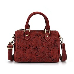 Valissiere Brocade with Genuine Leather Satchel Handbag with Shoulder Strap (120 cm) - Burgundy