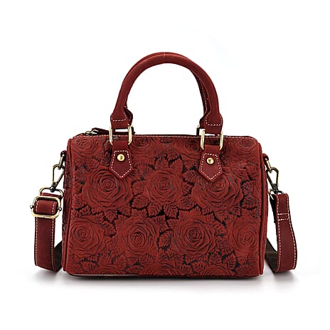 Valissiere Brocade with Genuine Leather Satchel Handbag with Shoulder Strap (120 cm) - Burgundy