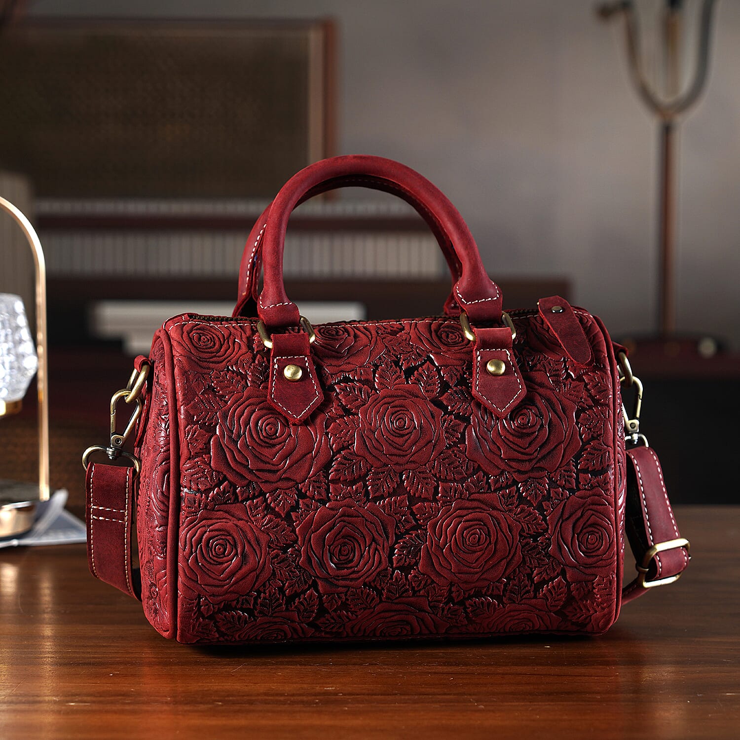Valissiere Brocade with Genuine Leather Satchel Handbag with Shoulder Strap (120 cm) - Burgundy