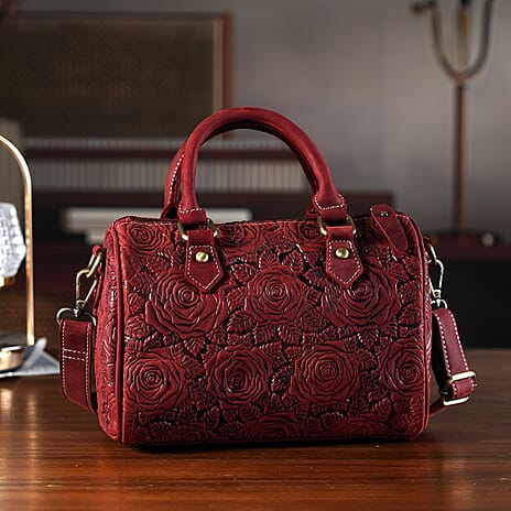 Valissiere Brocade with Genuine Leather Satchel Handbag with Shoulder Strap (120 cm) - Burgundy