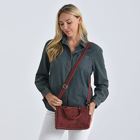 Valissiere Brocade with Genuine Leather Satchel Handbag with Shoulder Strap (120 cm) - Burgundy