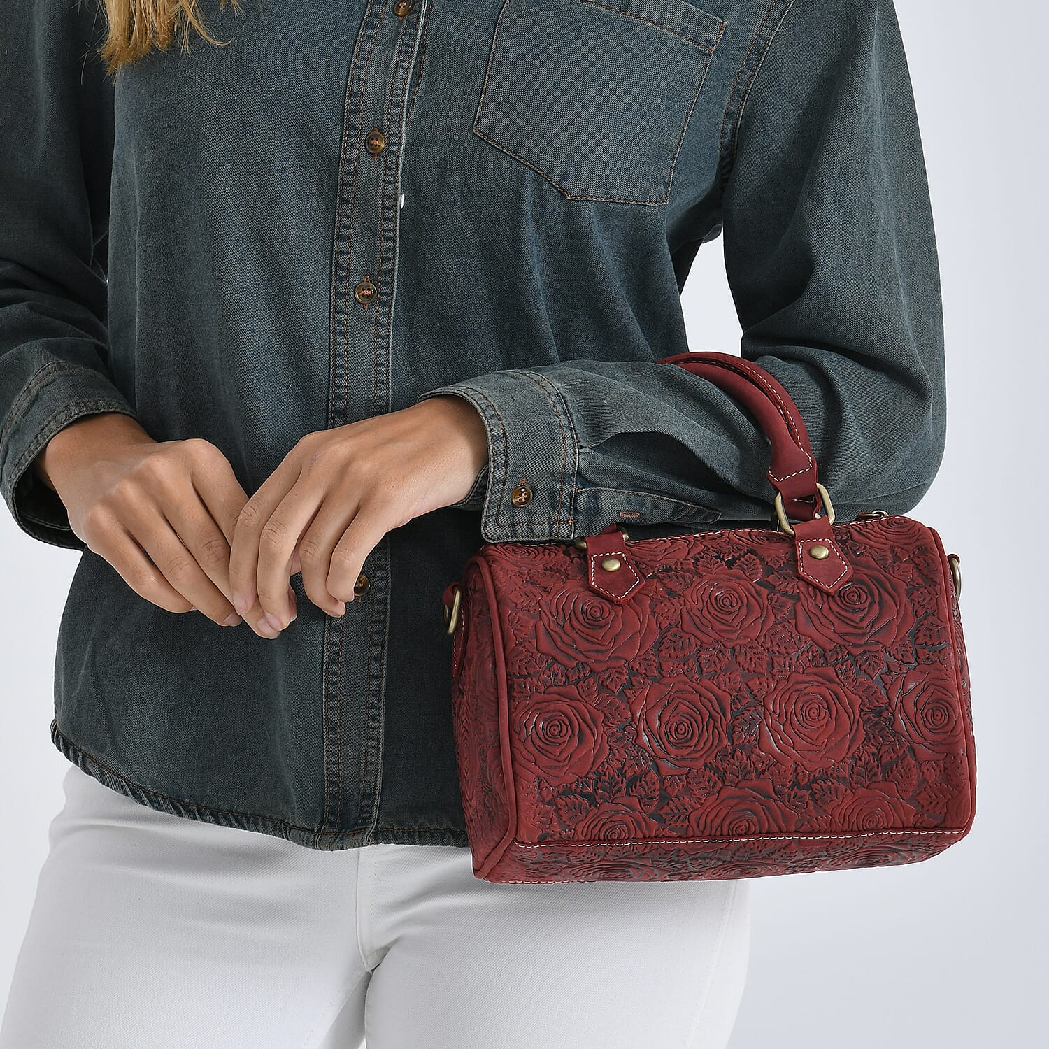 Valissiere Brocade with Genuine Leather Satchel Handbag with Shoulder Strap (120 cm) - Burgundy