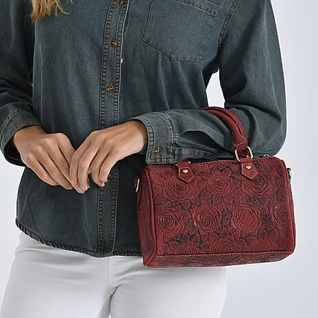 Valissiere Brocade with Genuine Leather Satchel Handbag with Shoulder Strap (120 cm) - Burgundy