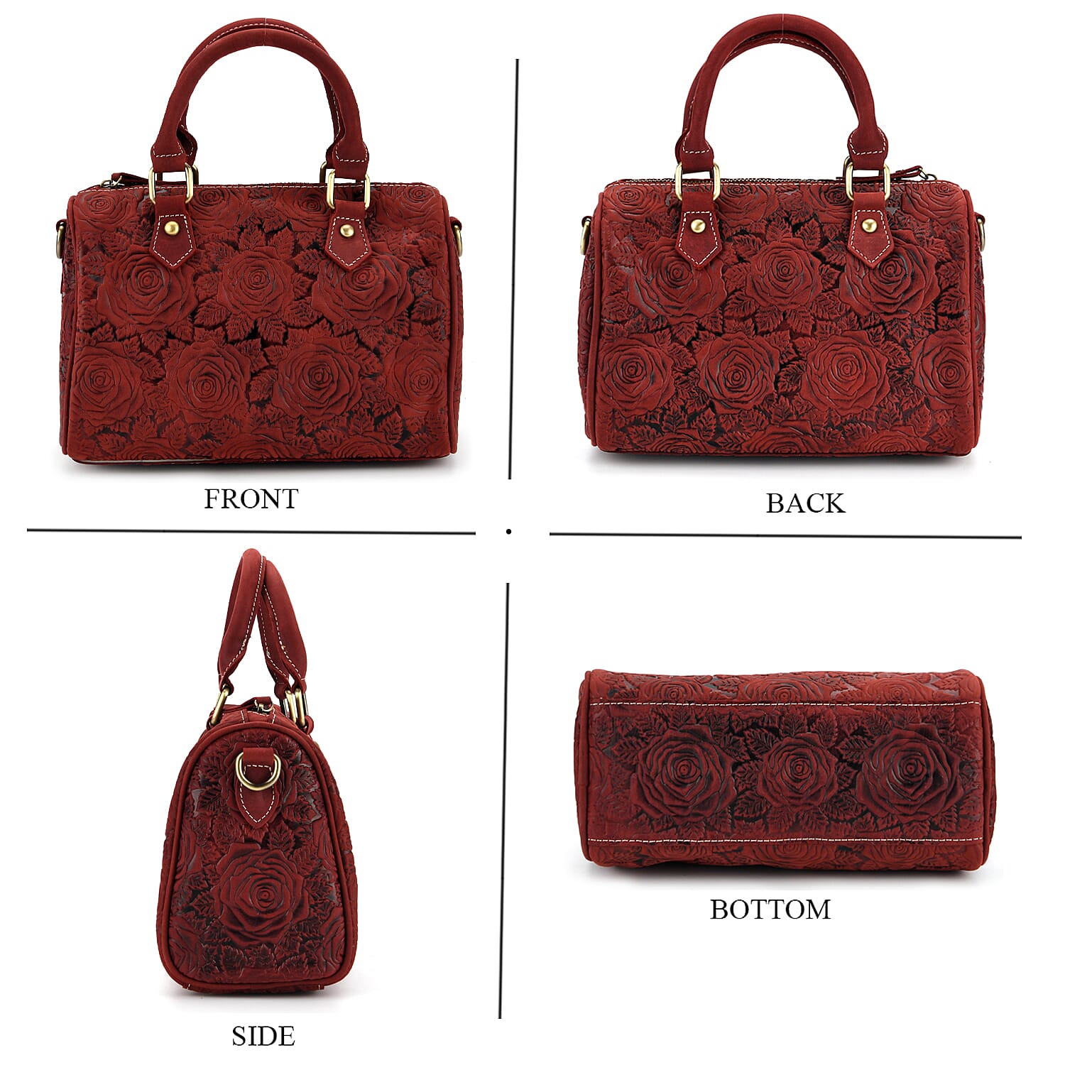 Valissiere Brocade with Genuine Leather Satchel Handbag with Shoulder Strap (120 cm) - Burgundy