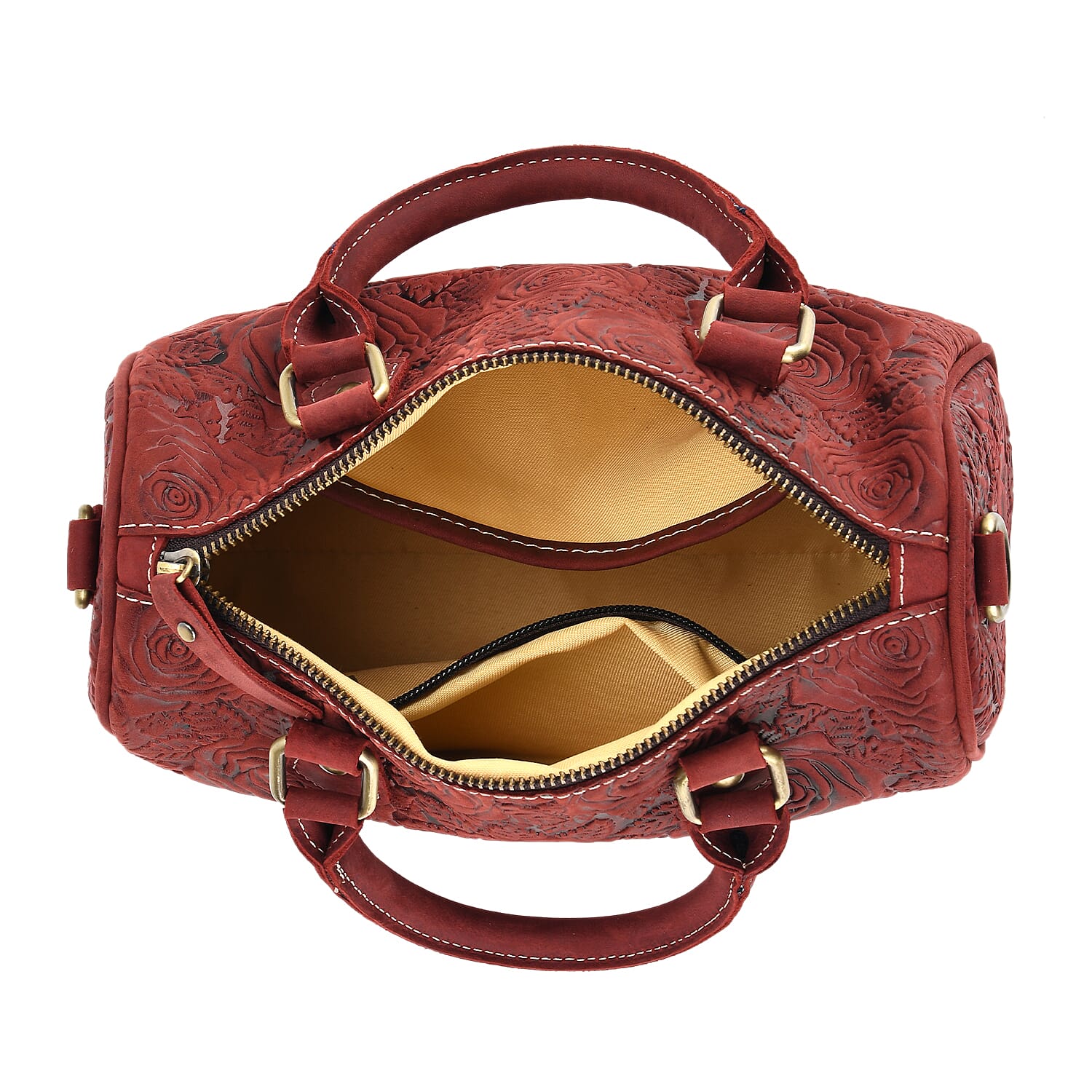 Valissiere Brocade with Genuine Leather Satchel Handbag with Shoulder Strap (120 cm) - Burgundy