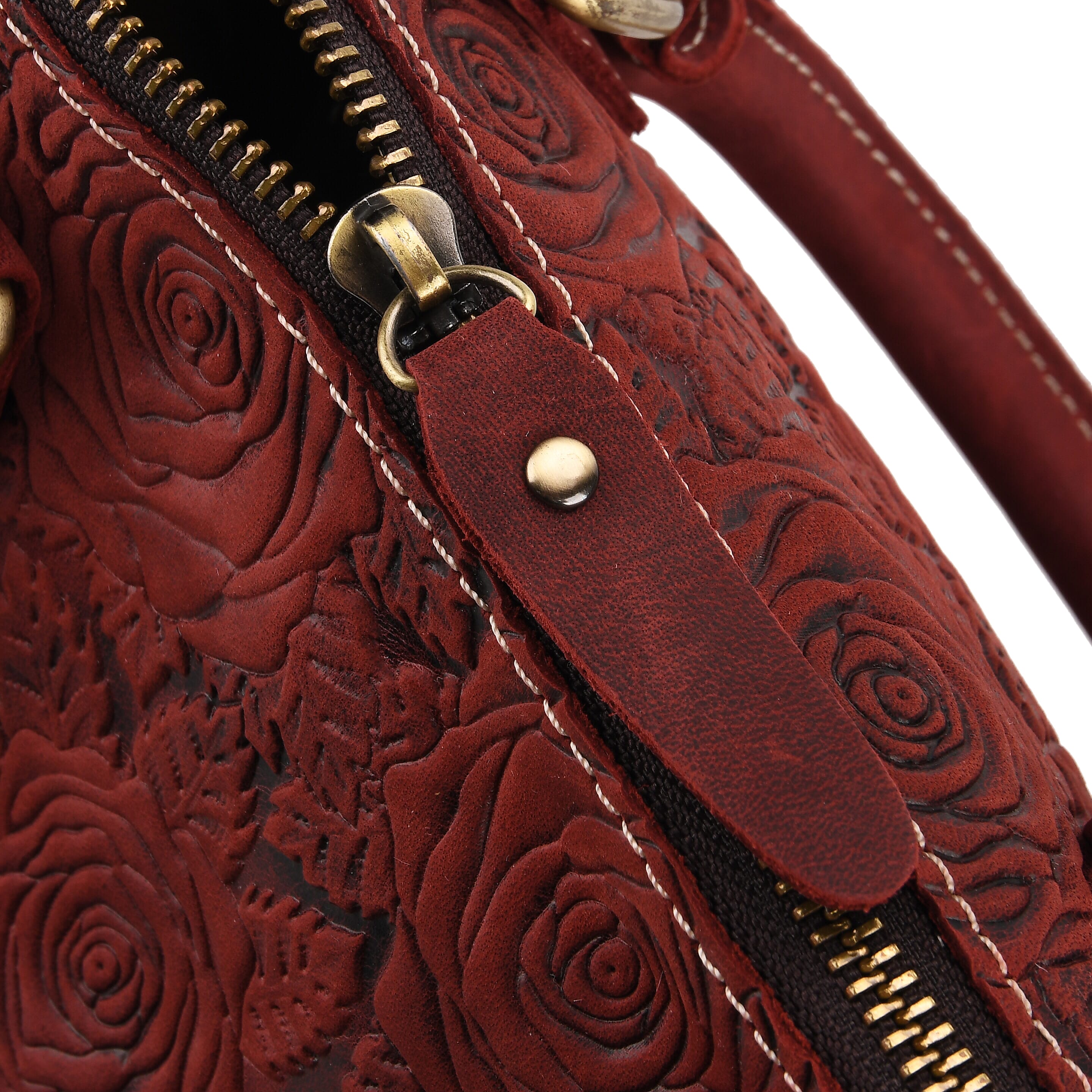Valissiere Brocade with Genuine Leather Satchel Handbag with Shoulder Strap (120 cm) - Burgundy