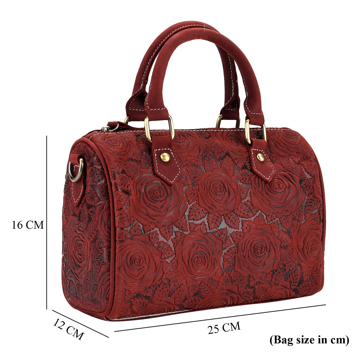 Valissiere Brocade with Genuine Leather Satchel Handbag with Shoulder Strap (120 cm) - Burgundy