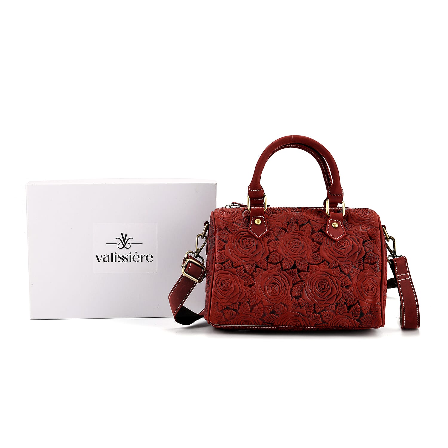 Valissiere Brocade with Genuine Leather Satchel Handbag with Shoulder Strap (120 cm) - Burgundy