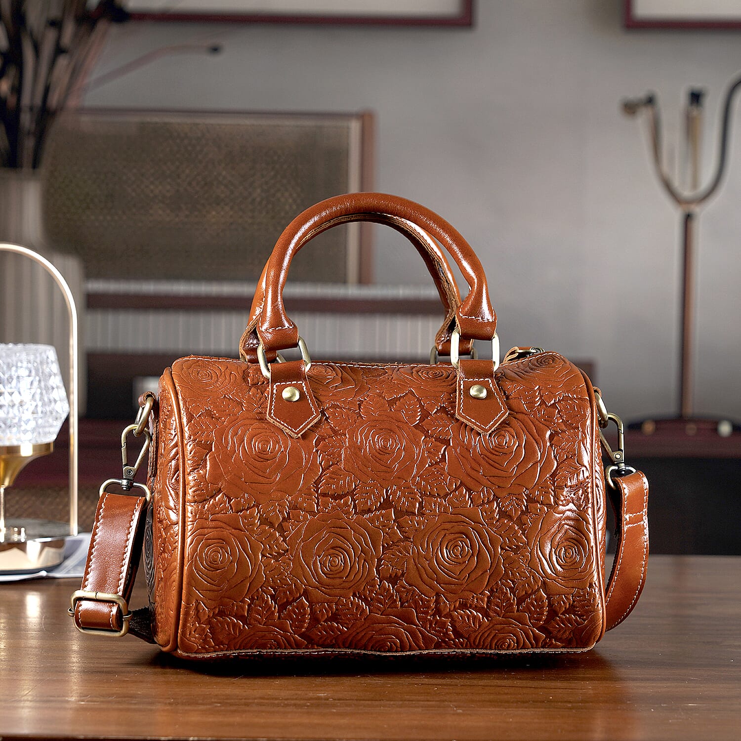 Valissiere Brocade with Genuine Leather Satchel Handbag with Shoulder Strap (120 cm) - Brown