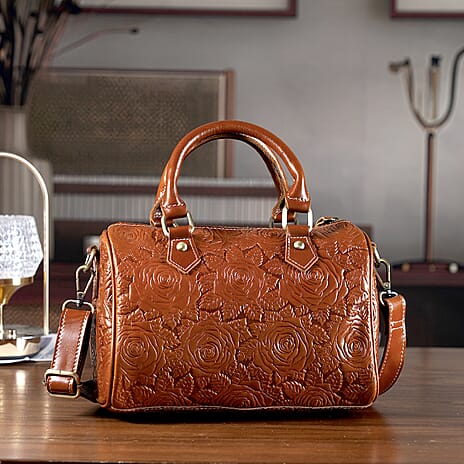 Valissiere Brocade with Genuine Leather Satchel Handbag with Shoulder Strap (120 cm) - Brown