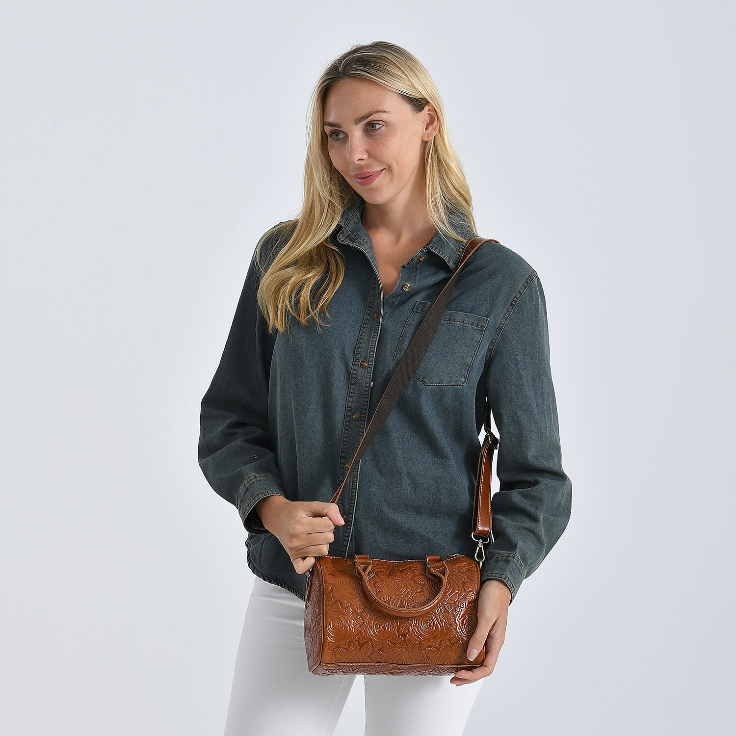 Valissiere Brocade with Genuine Leather Satchel Handbag with Shoulder Strap (120 cm) - Brown