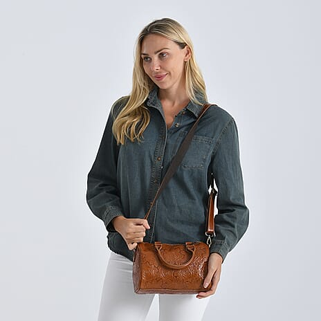 Valissiere Brocade with Genuine Leather Satchel Handbag with Shoulder Strap (120 cm) - Brown