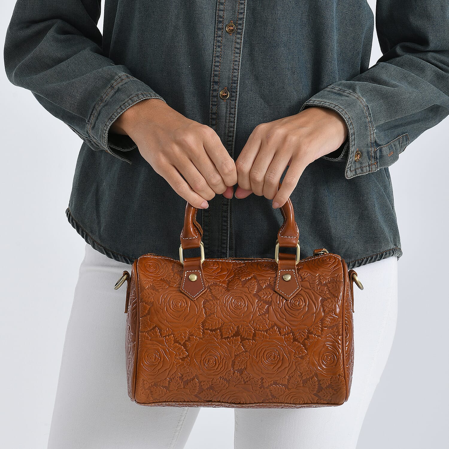 Valissiere Brocade with Genuine Leather Satchel Handbag with Shoulder Strap (120 cm) - Brown