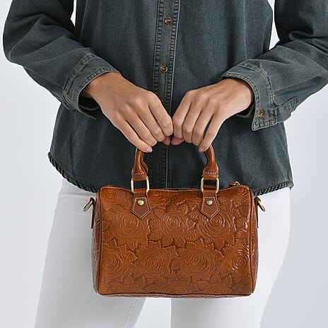 Valissiere Brocade with Genuine Leather Satchel Handbag with Shoulder Strap (120 cm) - Brown